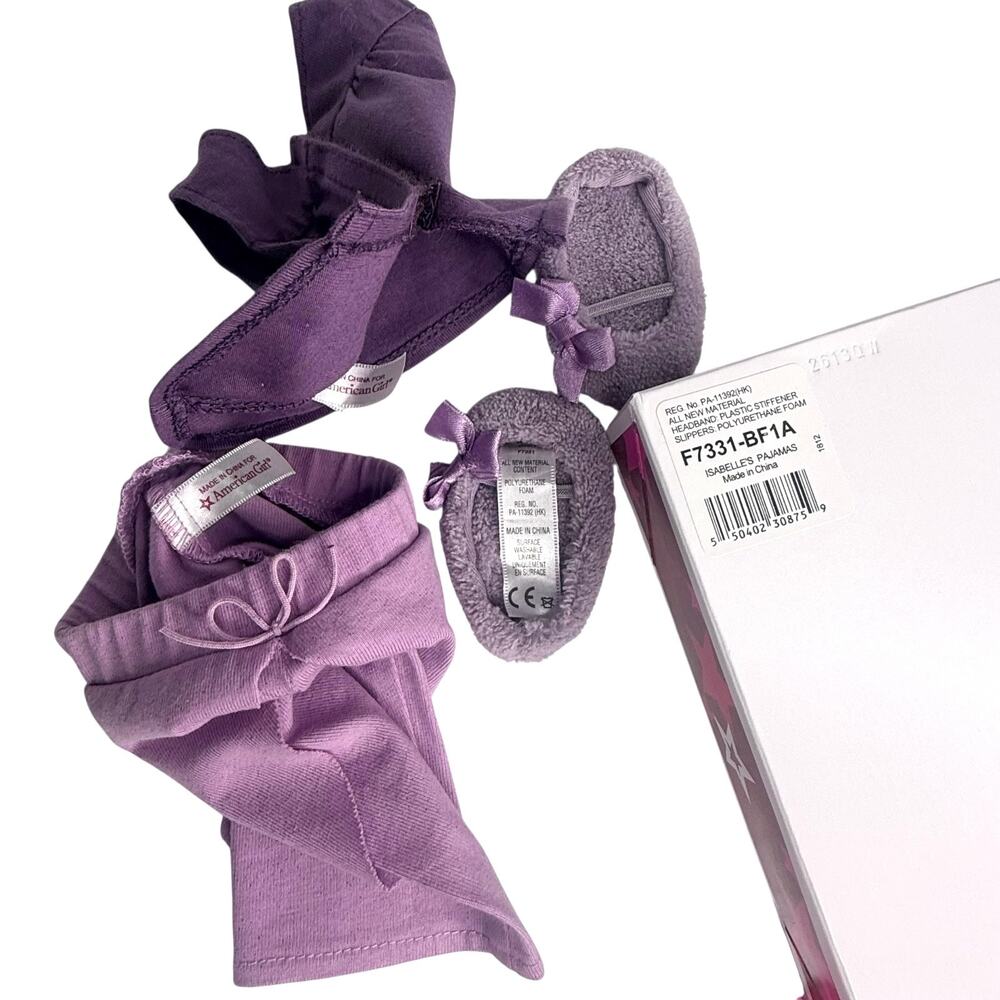 American Girl Isabelle Pajamas Slippers Top Capri Pants Purple Silver Dot Box - Picture 4 of 9